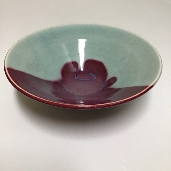Studio Pottery Bowl SIGNED Ceramics Aqua Purple Gloss Abstract 8” Asian Handmade - Picture 7 of 11